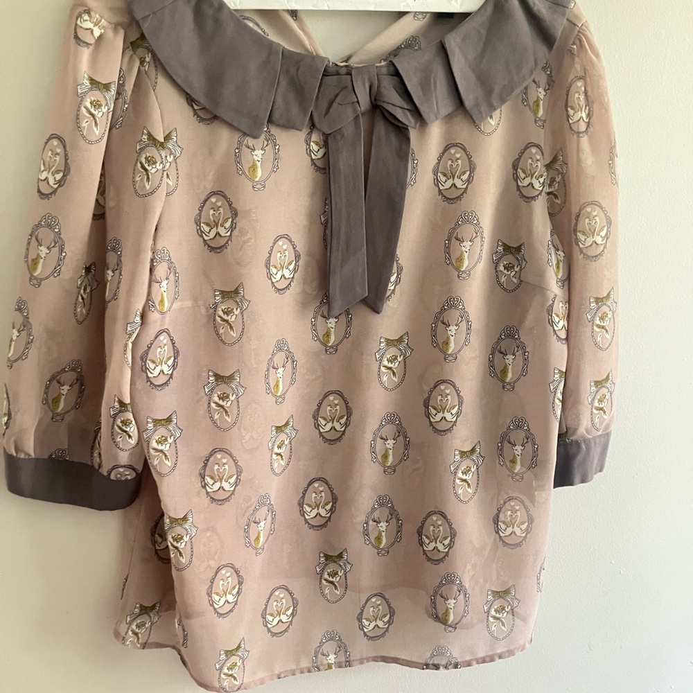 Deer and Swan Print Bow Collar Blouse in Taupe
